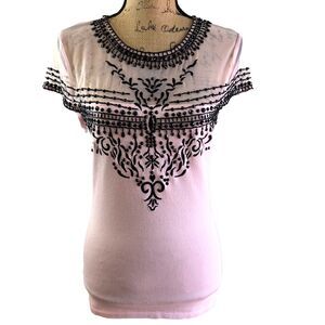 Leo Guy Women's Light Pink Short Sleeve Black Beading Embellishment Top Sz 6-8